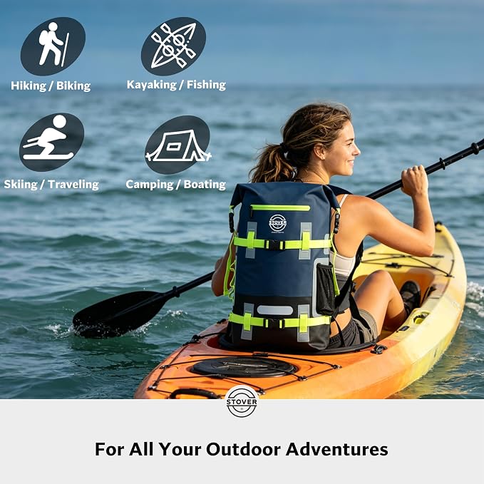 STOVER 40L Waterproof Dry Backpack & Phone Case - X-Large Floating Dry Bag for Kayaking, Travel, Hiking, Fishing, Camping, Motorcycles & Beach, Heavy-Duty Roll Top Men/Women (Navy Blue/Black/Green) - Image 8