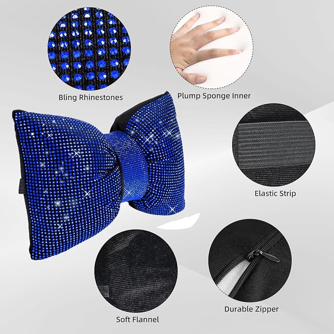 4 PCS Bling Car Pillows,Rhinestones Bowknot Car Headrest Pillow, Blue | Car Neck Pillow for Driver Relax Neck Support,Sleeping Travel Support Neck Pillow,Diamond Interior Accessories for Women - Image 6