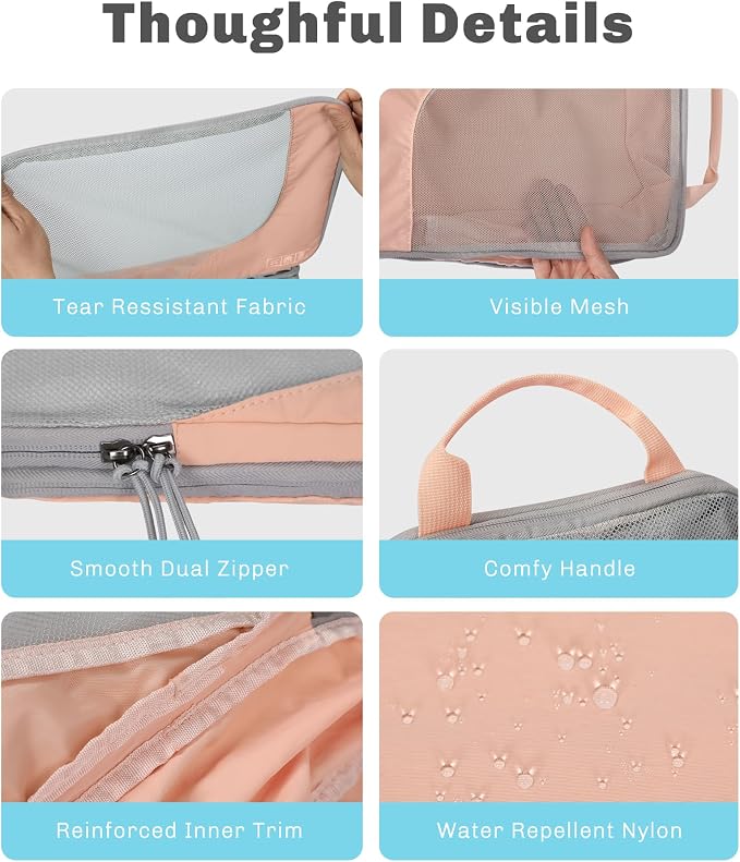 Hynes Eagle 6 Set/ 4 Set/ 2 Set Compression Packing Cubes Travel Essentials Lightweight Nylon Luggage Suitcase Organizer Bag Light Pink 4PCS - Image 7