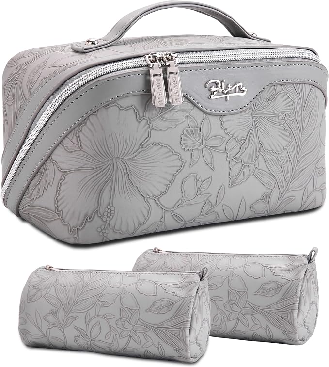 BOYATU Travel Makeup Bags Cosmetic Organizer Bag: 3-Set Large Capacity Make up Bag - PU Leather Toiletry Bags for Women - Wide Open Portable Pouch with Divider & Handle (16-Grey-2) by BOYATU