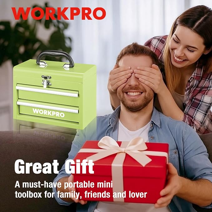 WORKPRO Portable Mini Metal Tool Box with 2 Drawers | Metal Tool Chest, Ball Bearing Slides, Top Storage, Latch Handle, PVC Drawer Liners, PP Feet Pads - Image 8