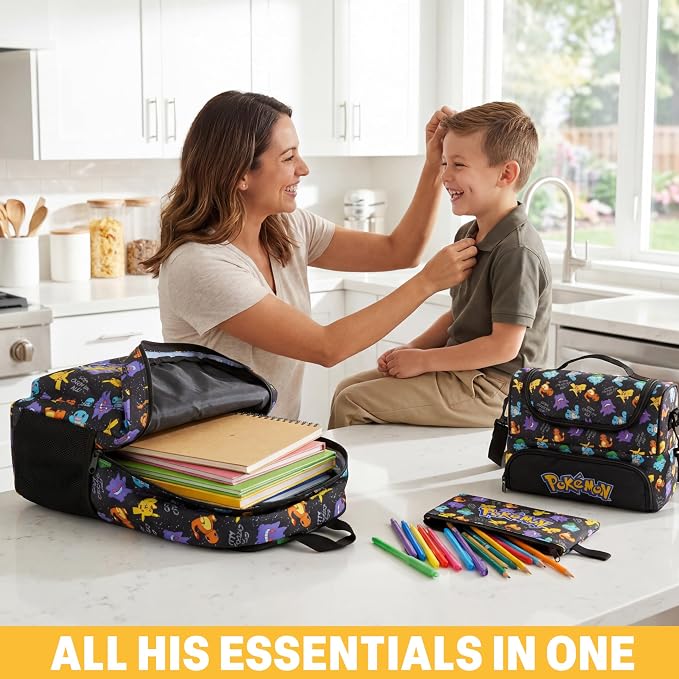 Get Trend Pokemon Boys Backpack, Lunch Bag & Pencil Case, 3 Piece Set | 18 inch Bookbag, Adjustable Padded Straps, Insulated Lunch Bag, Pencil Pouch, School Supplies, Pikachu Gamer Gifts for Boys - Image 6