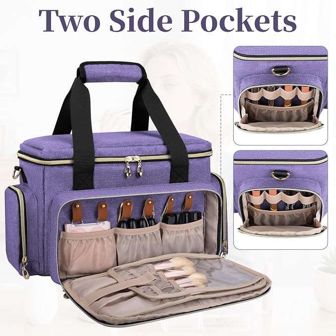 GDNasist Large Makeup Bag, Portable Travel Makeup Bag Organizer for Women Girls with 2 Removable Pouches & Detachable Dividers, Cosmetic Travel Bag, Toiletry Bag for Makeup and Hair Supplies, Purple - Image 8