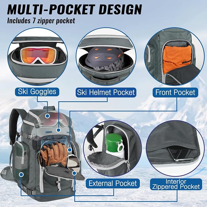 Ski Boot Bag, 65L Durable Travel Backpack, 1680D Nylon Waterproof Snowboard Boot Bag, Skiing and Snowboarding Travel Luggage for Helmet, Goggles, Gloves, Outerwear & Accessories - Image 3