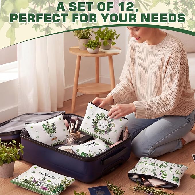 Sweetude 12 Pcs Green Plant Makeup Bag Bulk Vanilla Portable Travel Cosmetic Bags with Zipper Plant Grass Waterproof Roomy Travel Toiletry Organizer Storage Beauty Pouch for Women Plants Lover Gifts - Image 6