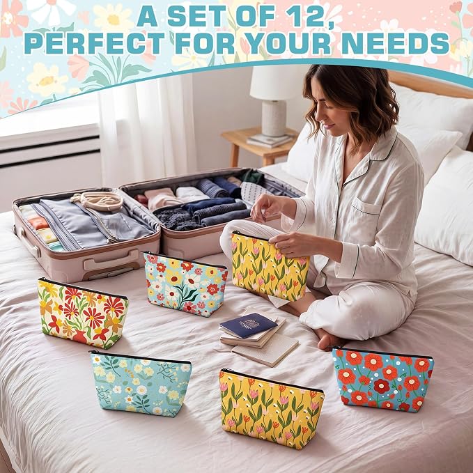 Sweetude 24 Pcs Colorful Floral Makeup Bag Bulk Portable Travel Cosmetic Bags with Zipper Simple Flower Waterproof Roomy Travel Toiletry Organizer Storage Beauty Pouch for Women Gifts - Image 6
