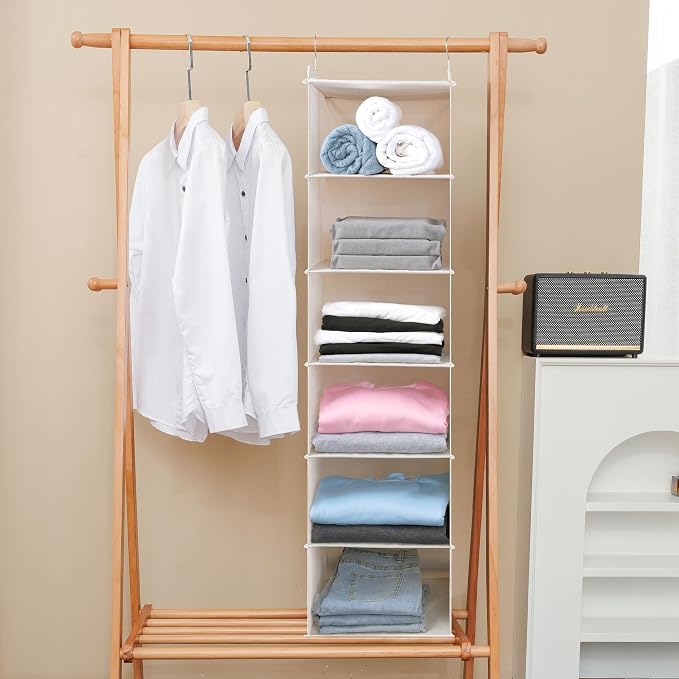Large Hanging Sweater Organizer for Closet,Collapsible 6-Shelf Hanging Closet Shelves with Drawers, Washable (Beige -6 Shelf) - Image 7
