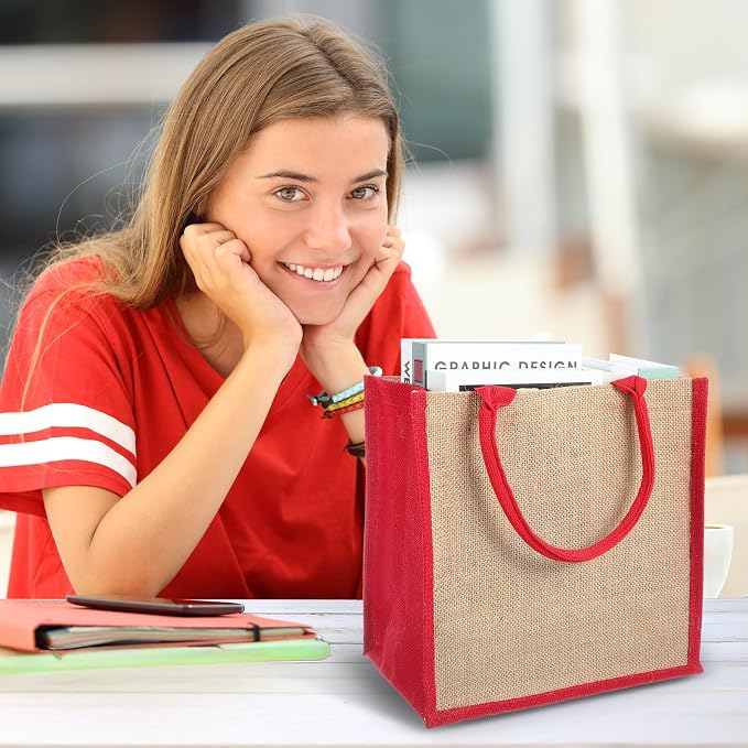 Saintrygo 12 Pcs Burlap Jute Tote Bags with Handle Reusable Blank Bridesmaid Gift Bags for Shopping Wedding DIY, 12x12x7.7In(Jute and Red) - Image 7