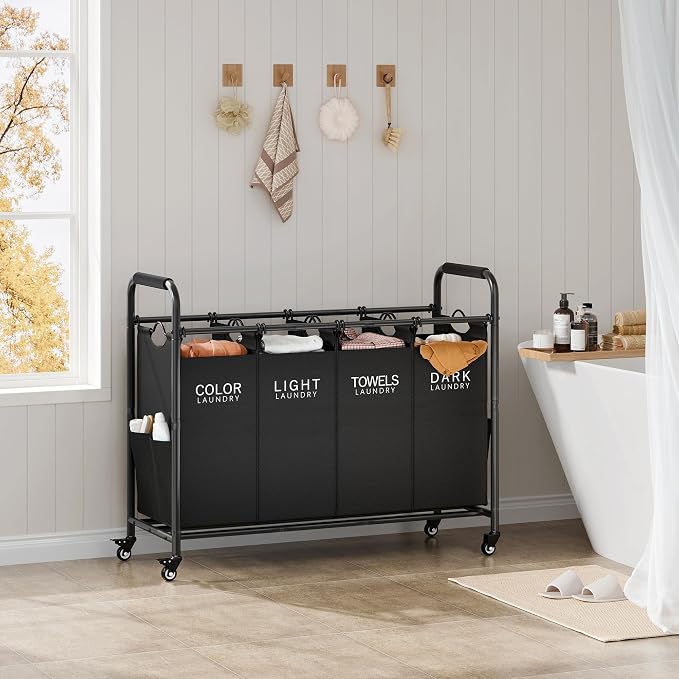 Tajsoon 4 Bag Laundry Sorter Cart, 4 Section Laundry Hamper Sorter with Heavy Duty Lockable Rolling Wheels, Laundry Separator Hamper with Removable Bags for Dirty Clothes Storage, Black - Image 8