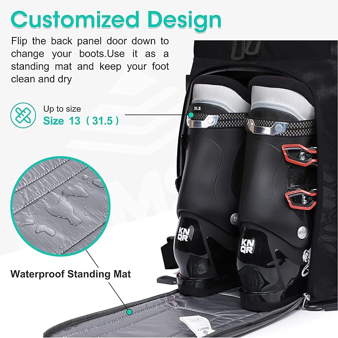 Ski Boot Bag, 55L/70L Waterproof Ski and Snowboard Boots Travel Backpack for Skis, Snowboard, Ski Helmet, Goggles, Gloves & Accessories - Image 6