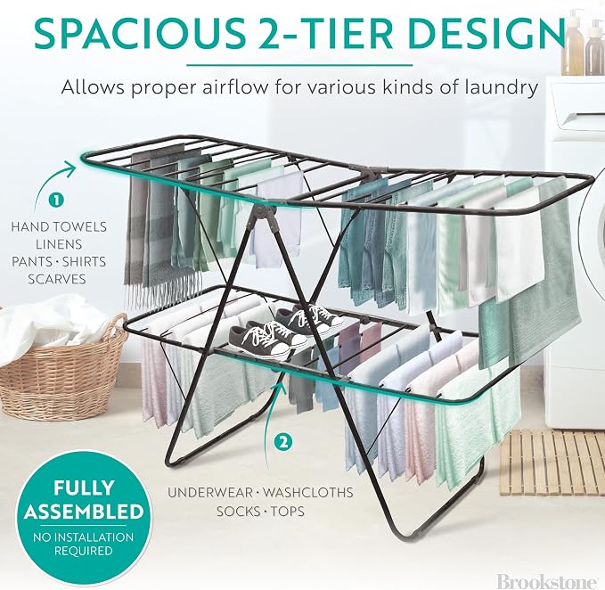 Brookstone 2 Tier Folding Rack - Indoor/Outdoor Collapsible Clothes Dryer Stand Laundry or Shoe Rack, Heavy Duty Freestanding Garment Hanger, Foldable, Clothing Drying Rack, Black - Image 6