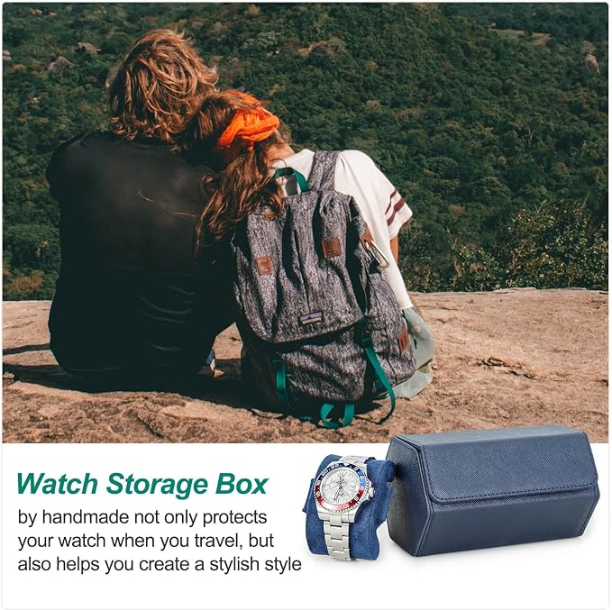 Hiram Genuine Leather Saffiano Watch Roll Travel Case, Leather 2-Watches Roll Case for Treasured Watches and Bracelets(Blue) - Image 7