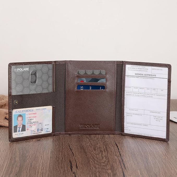 Polare Napa Leather Pilot Wallet Passport Holder RFID Blocking Tri-fold Travel Cover Document Organizer for Aviation Professionals (Coffee) - Image 9