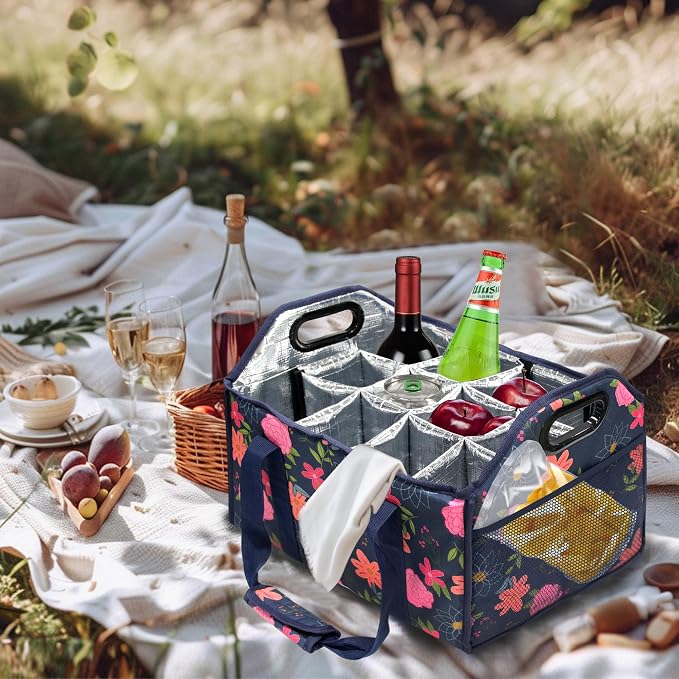 12 Bottle Wine Carrier Collapsible Bottle Caddy with Handles Storage Box for Travel Picnics Weddings Shopping Wine Tasting (Blue Floral) - Image 9
