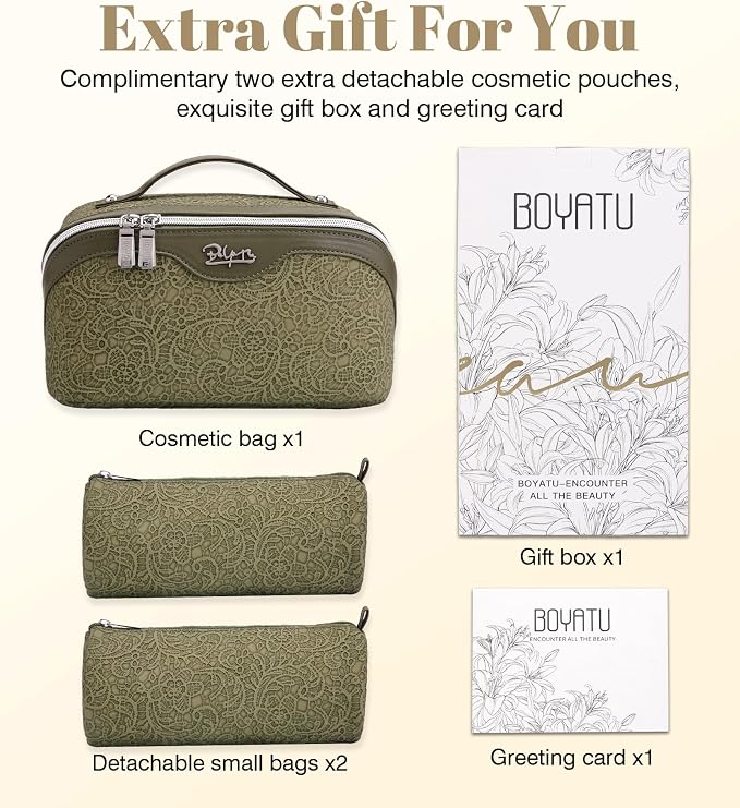BOYATU Travel Makeup Bags Cosmetic Organizer Bag: 3 Pcs Set Large Capacity Make up Bag with Compartments - Waterproof Leather Toiletry Bags with Handle for Women (A-Green) - Image 7