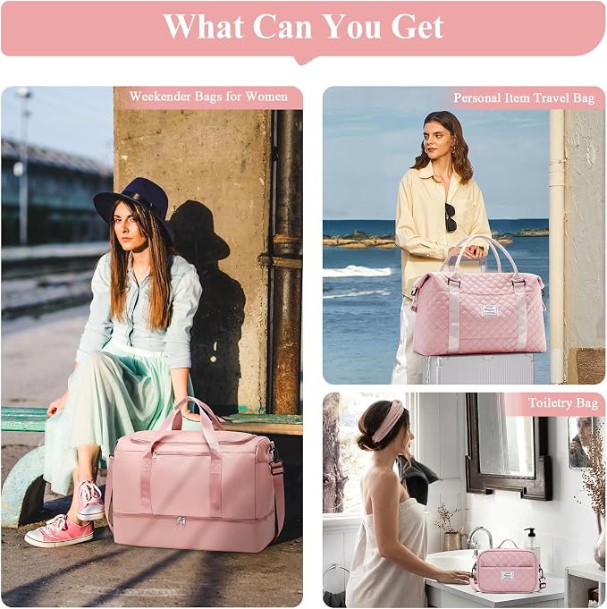 Extra Large Travel Duffle Bag,Carry-on Overnight Bag with Shoes Compartment,Weekender Bags for Women for Travel Business Trips Sport Hospital,3 Pcs Set,Pink - Image 8