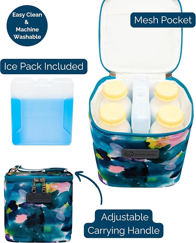 Sarah Wells Cold Gold Breastmilk Cooler with Ice Pack (Aq2uarelle) | Fully-Lined Insulated Interior, Fits 4-6 Bottles, Zippered Lid, Great for Workdays, Travel & Pumping Days, Machine Washable - Image 4