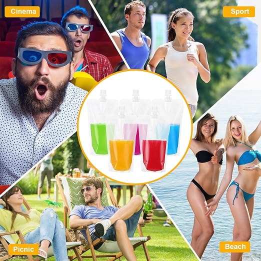 Patelai 300 Pieces Plastic Liquid Pouch Reusable Juice Pouches Travel Water Leak Proof Bags Bulk with Collapsible Silicone Funnel for Travel Outdoor (10 oz) - Image 7