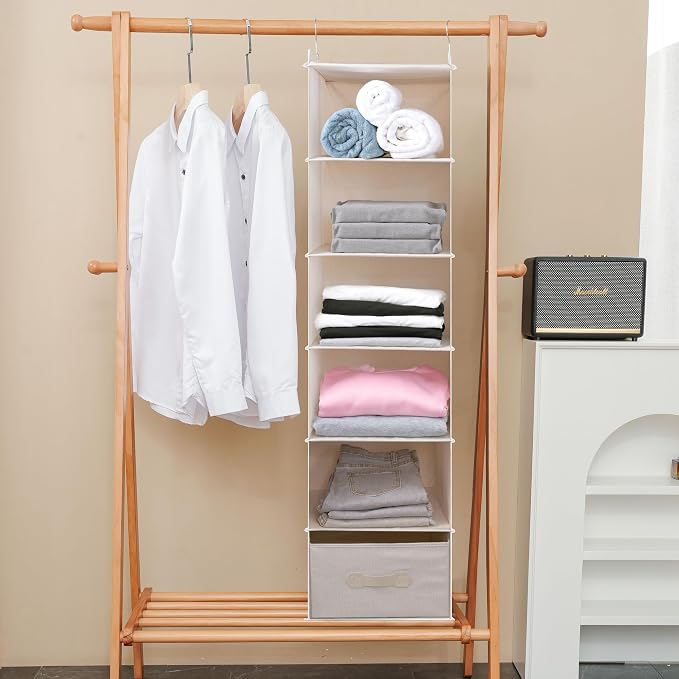 Large Hanging Sweater Organizer for Closet,Collapsible 6-Shelf Hanging Closet Shelves with Drawers, Washable (Beige -6 Shelf-1 d) - Image 7