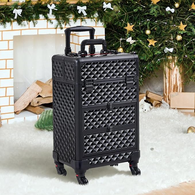 Yaheetech Rolling Makeup Train Case with 2 Drawers Nail Cart Beauty Trolley | Sturdy ABS & aluminum tattoo cart organizes cosmetic supplies in side trays & 2 drawers, rolls smoothly & lockable for travel - Image 7