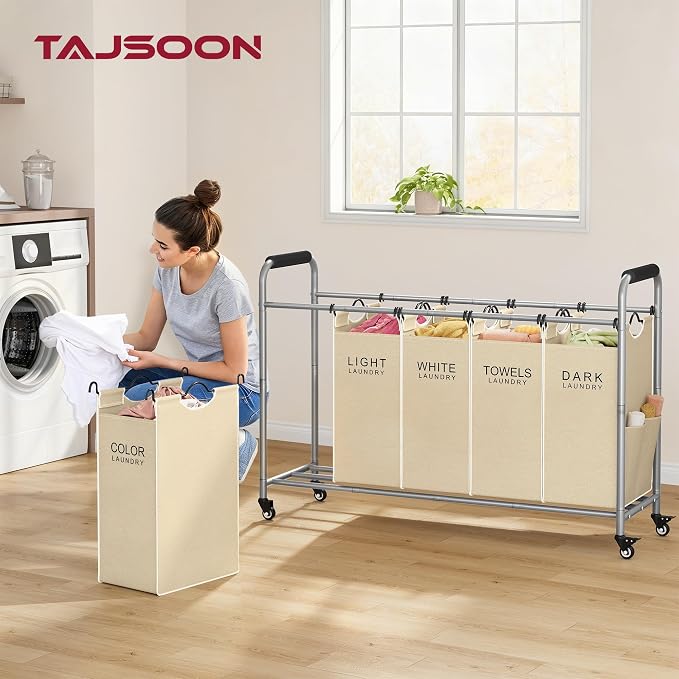 Tajsoon Laundry Sorter 5 Section, Clothes Hamper with Wheels, Beige | 246L Rolling Laundry Sorter Basket for Dirty Clothes Storage, Laundry Separator Hamper for Bathroom, Laundry Room, Family - Image 8