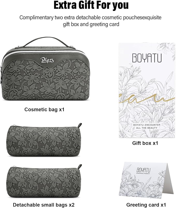 BOYATU Travel Makeup Bag Cosmetic Bags for Women: Large Capacity 3 Pcs Set Make up Bag with Compartments - Waterproof Vegan Leather Toiletry Organizer Bags with Handle (Z-62Grey) - Image 6