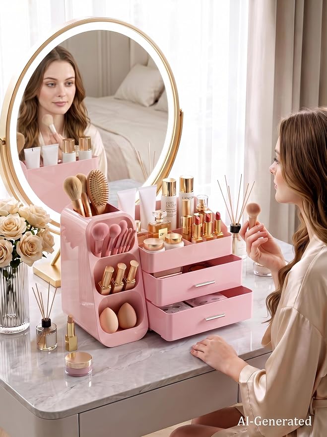 Makeup Organizer with Drawers,Large Capacity Countertop Organizer for Vanity,Bathroom and Bedroom Desk Cosmetics Organizers,Easy To Storage Skincare,Brushes,Lotions (All Pink) - Image 8