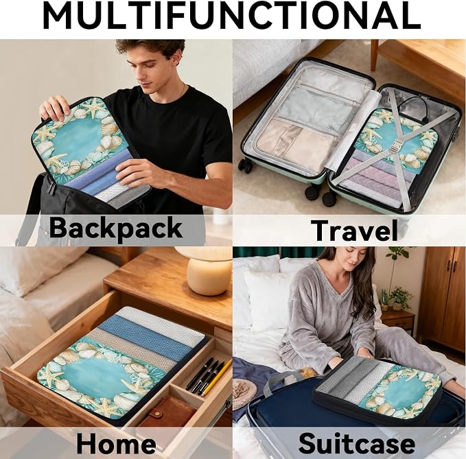 Beach Theme Starfish Shell Compressible Packing Cubes for Suitcase 6 Set Lightweight Expandable Compression Packing Travel Luggage Organizer - Image 8