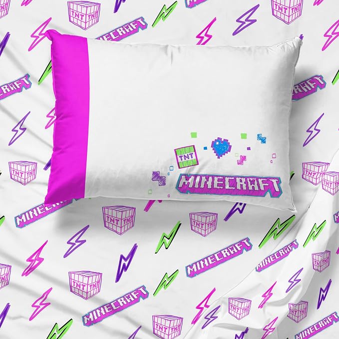 Jay Franco Kids Sheet Set with Fitted, Flat Sheets & Pillow Cover - Ultra-Soft Bedding with Pillowcase for Room Decor, Purple - Minecraft, 3 Piece Twin - Image 7