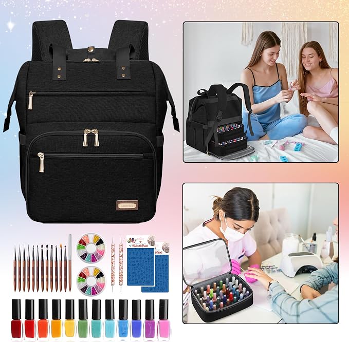 LTINVECK Nail Polish Organizer Case Backpack Holds 70 Bottles (15ml/0.5fl.oz)& Nail Lamp, 2 Layers Detachable Nail Kit Storage Case, Large Travel Nail Supplies Shoulder Bag for Manicure Tools (black) - Image 7