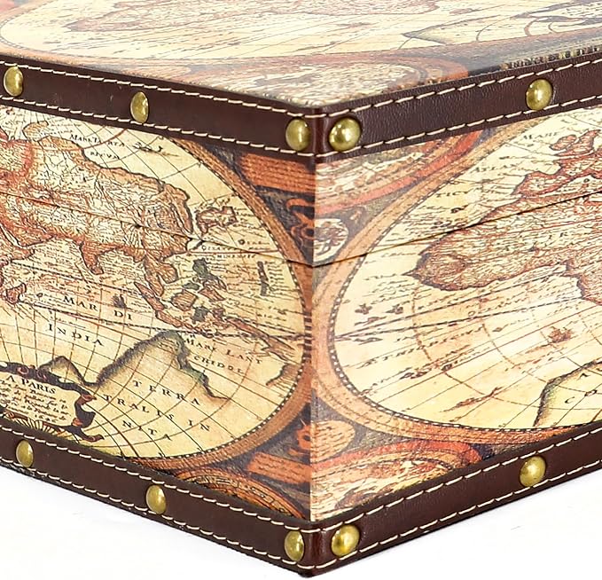 Jolitac Wooden Storage Box Set of 3, Antique-Looking Storage Containers with Secret Compartments Vintage Nesting Keepsake Chests for Jewelry, Cash, Photos Travel-Friendly & Stackable (Map) - Image 9