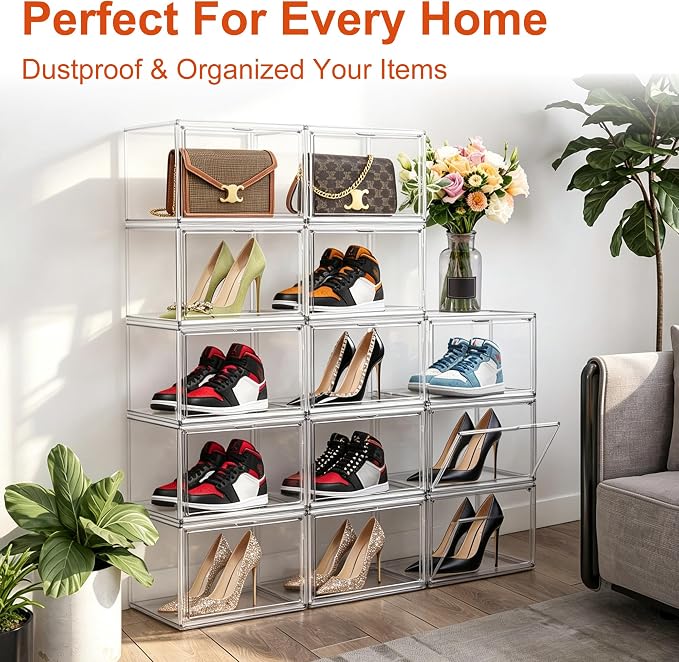 12 Pack Clear Acrylic Shoe Boxes, Wide Magnetic Door Shoe Organizer Size 12 | clear storage boxes for daily shoes, flats, low-top sneakers and closet storage,13.4 x 10.3 x 7.6 in - Image 9