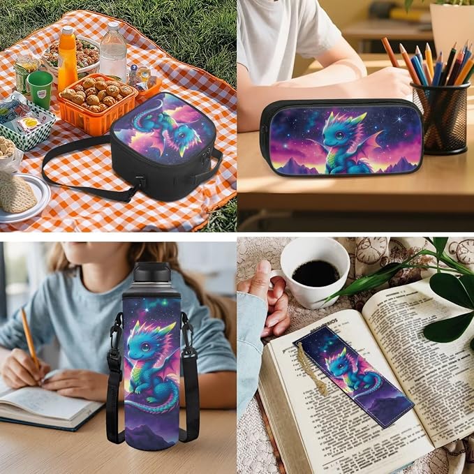 Dragon Backpack with Lunch Box Set Kids Book Bag for Elementary Boys 5 Pcs Backpack Set for School Pencil Case Bottle Holder Bookmark Kids Back to School Galaxy - Image 5