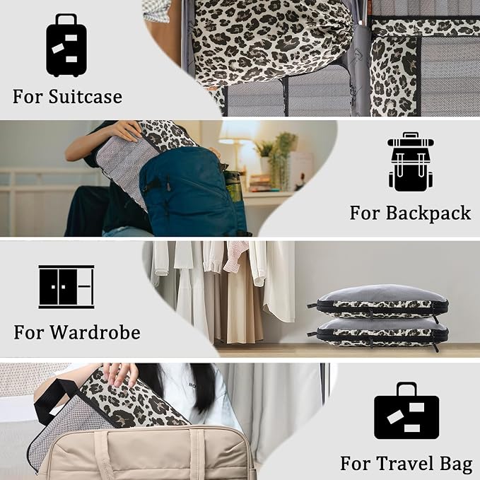 U+U 6 Set Compression Packing Cubes - Travel Organizers with Laundry Bag, Space-Saving Suitcase Organizer, Expandable Packing Organizers for Travel Essentials (Leopard) - Image 8