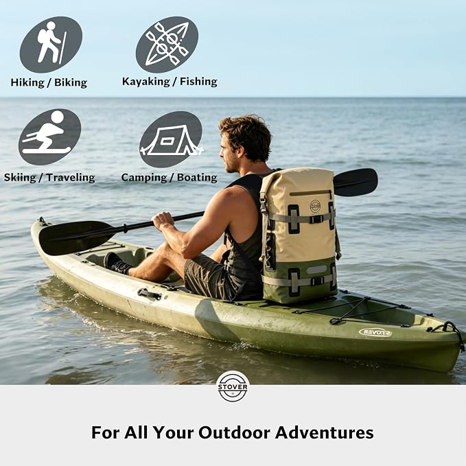 STOVER 30/40/55L Waterproof Dry Backpack & Phone Case - Large Floating Dry Bag for Kayaking, Travel, Hiking, Fishing, Camping, Motorcycles & Beach, Heavy-Duty Roll Top Men/Women (Tan/Army Green/Brown) - Image 8