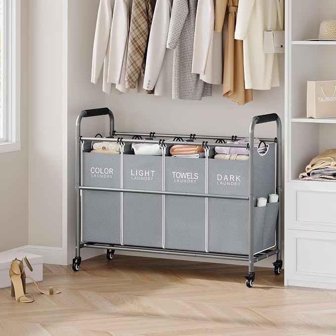 Tajsoon 4 Bag Laundry Sorter Cart, 4 Section Laundry Hamper Sorter with Heavy Duty Lockable Rolling Wheels, Laundry Separator Hamper with Removable Bags for Dirty Clothes Storage, Grey & White - Image 8