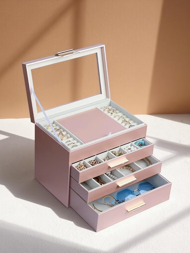 BOOVO Jewelry Boxes for Women, White and Black 6 Layer Large Jewelry Box for Necklace, Bracelet, Earrings, Rings Storage, Jewelry holder Organizer for Girls Gift (Rose gold, 4 layer) - Image 7