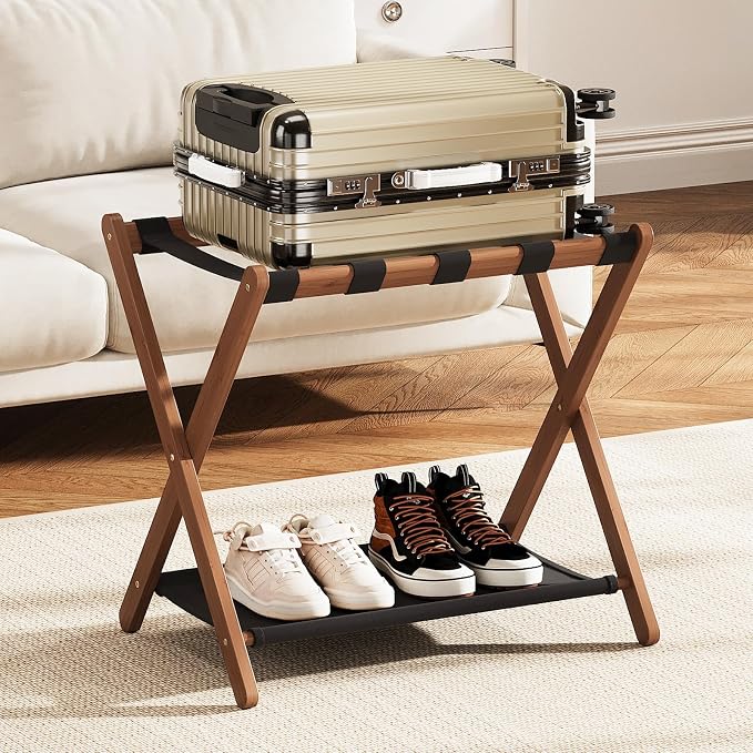 Fully Assembled Walnut Luggage Racks Set of 2, Bamboo 26.77" Luggage Rack Stand for Guest Room, 5 Nylon Straps, Foldable Suitcase Stand with Storage Shelf for Bedroom Hotel, Holds up to 165 Lbs - Image 9
