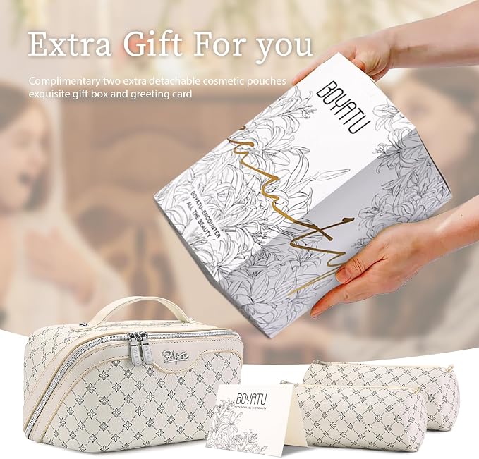 BOYATU Travel Makeup Bag Cosmetic Bags for Women: 3 Pcs Set Large Capacity Make up Bag with Handle - Vegan Leather Toiletry Bags with Compartments - Makeup Organizer for Travel Essentials(A-8-White) - Image 6