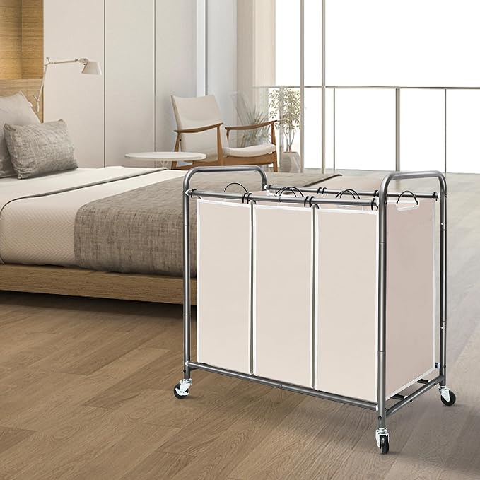 STORAGE MANIAC 3 Section Laundry Sorter, 35.6 Gal (135 L) Laundry Hamper Cart with Heavy Duty Rolling Lockable Wheels and Removable Bags, Clothes Organizer Basket Separator Hamper, Beige - Image 7