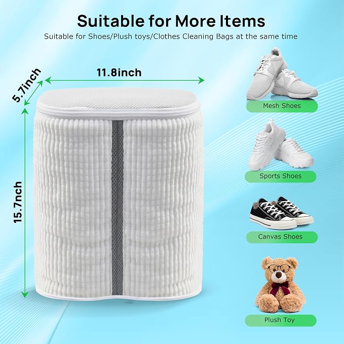 Upgraded Dual Compartment Design Shoe Bag for Washing Machine with Adjustable Shoes Trees& Sneaker Dryer Bag, 420g Heavy-Duty Shoe Washing Machine Bag, Clasp-Lock Zipper for Maximum Protection - Image 7