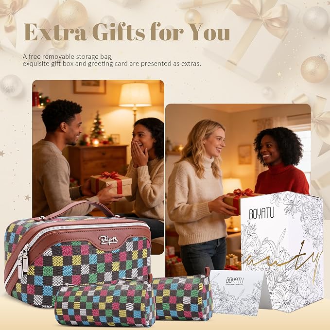 BOYATU Travel Makeup Bag Organizer Cosmetic Bag: 3 Pcs Set Make up Bags for Women with Handle - Waterproof Vegan Leather Toiletry Bag (01-H-Brown) - Image 4