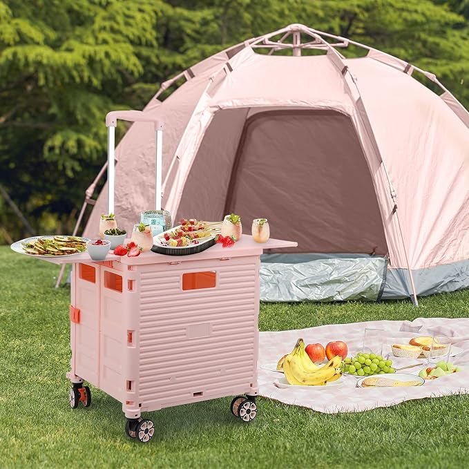 FELICON SELORSS Folding Utility Cart Portable Rolling Crate Handcart-Pink | Magnetic Sliding Lid,Telescoping Handle,Plastic Box Dolly,360°Swivel Wheels for Travel Shop Move Laundry Office Teacher Use - Image 7