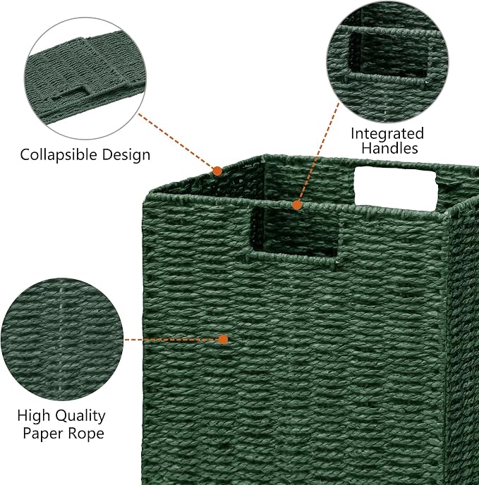 Vagusicc Wicker Storage Basket, Set of 2 Hand-Woven Paper Rope Wicker Basket, Foldable Cube Storage Bins, 9 inch Square Storage Baskets for Organizing Shelves & Decor, Green (9″×9″×9″) - Image 9