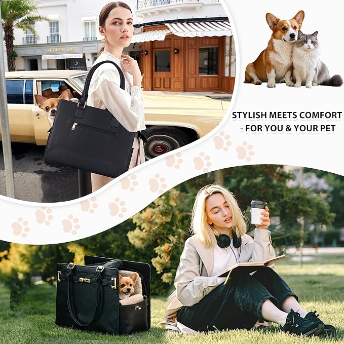 Dog Purse Carrier for Small Dogs, Stylish Foldable Pet Carrier Purse Tote Bag with Washable Cushion & Safety Leash, Airline Approved Puppy Travel Bag with Pockets (Black) - Image 7