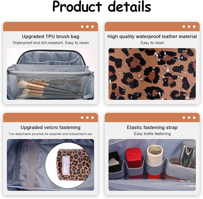 BOYATU Travel Makeup Bag for Women: 3 Pcs Set Portable Make up Bags with Handle - Leopard Print Cosmetic Bags with Comparments - Waterproof Vegan Leather Toiletry Bag (A-1-Brown) - Image 7