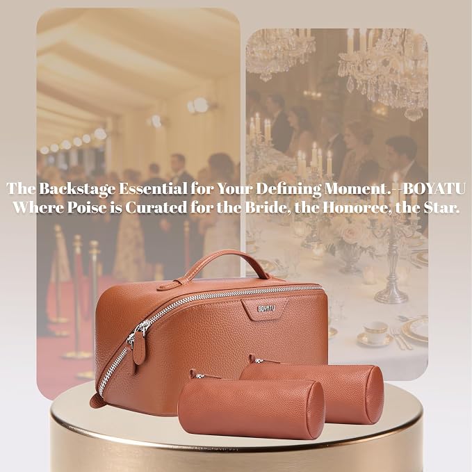 BOYATU Genuine Leather Travel Makeup Bag: Large Capacity 3 Pcs Set Cosmetic Bags for Women - Designer Waterproof Hand-made for Toiletry Organizer - Ladies Travel Essentials for Elegance (01Brown) - Image 9
