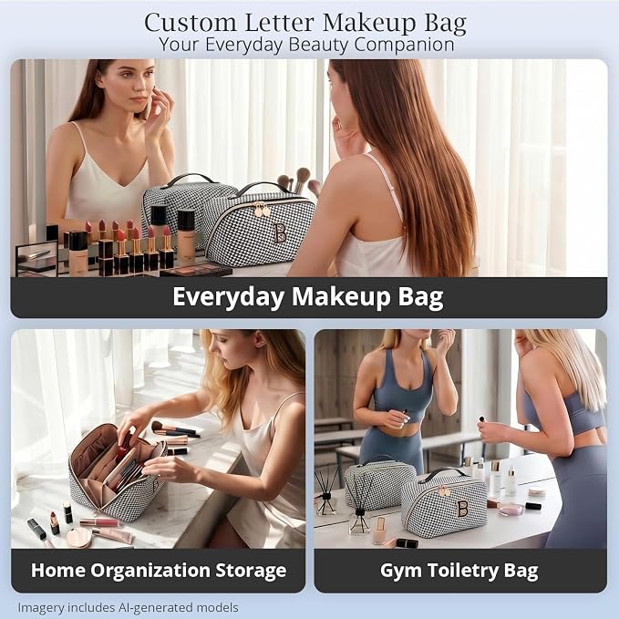 Personalized Gift Travel Makeup Bag: Initial Makeup Organizer Bag for Women | 3-in-1 Custom Make up Bag Set - Vegan Leather Travel Cosmetic Bag - Luxury Gift for Women – Birthday, Anniversary, Graduation - Image 9