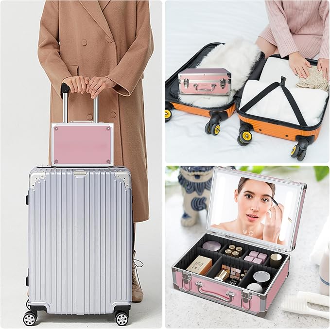 Cybergiant Travel Makeup Case with LED Mirror - Hard Shell Pink Travel Makeup Bag with Mirror - Portable Makeup Organizer with Mirror, Vanity Case for Cosmetics, Adjustable Divider - Image 8