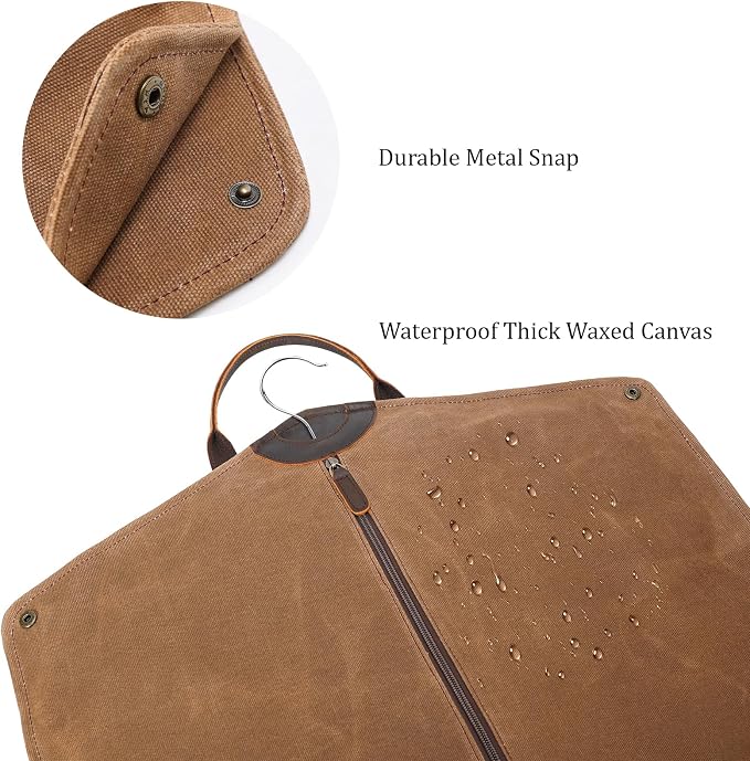 Polare 43” Waxed Canvas Full Grain Leather Trim Garment Bag for Travel, Large Carry on Business Suitcase Cover with YKK Zipper, Waterproof Hanging Suit Garment Cover with Handles,1 pack - Image 7